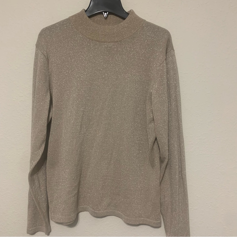Yarnworks Womens Tan Metallic Shimmer‎ Mock Neck Long Sleeve Knit Sweater Large